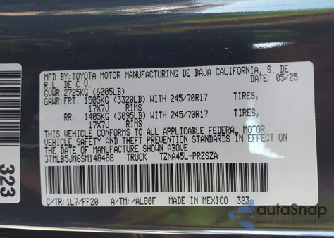 2025 Toyota Tacoma Sr5 4Wd from USA, damaged, VIN 3TMLB5JN6SM148488